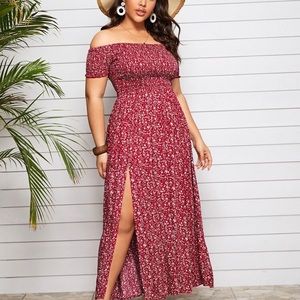 Plus Off Shoulder Shirred Split Ditsy Floral Dress